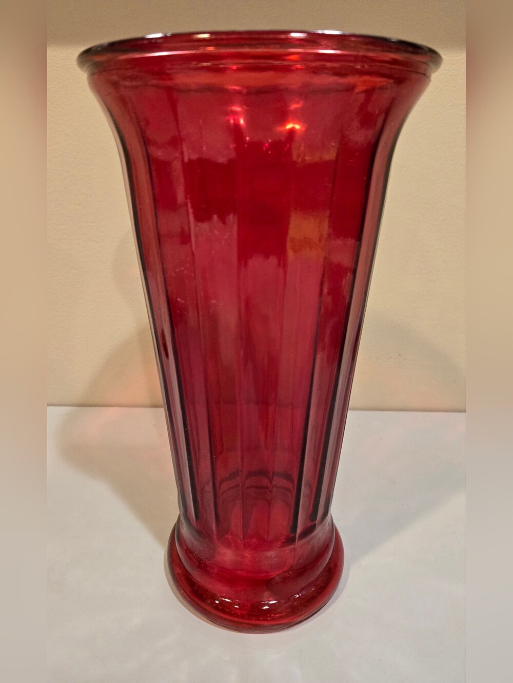Red Ribbed Glass Decorative Vase - Brand Unspecified